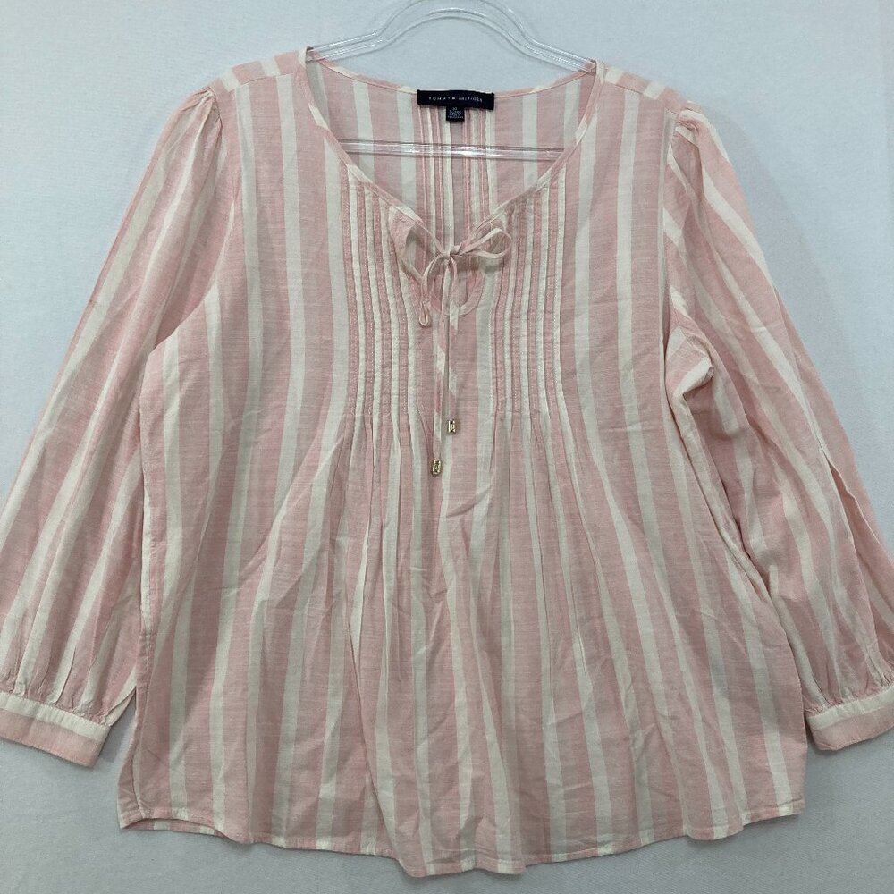 Tommy Hilfiger size XL Pink White Striped Tie Front Pintuck Popover Blouse